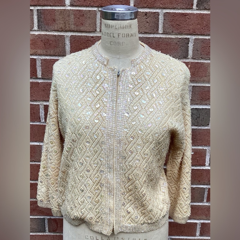 Vintage Cye Les Hand Beaded Wool Lined Zip Up Cardigan Sweater Jacket Size m